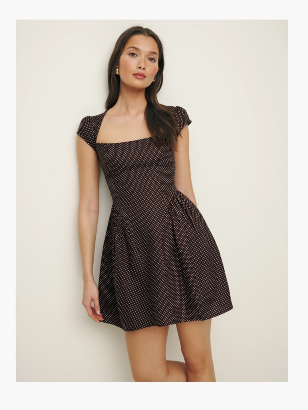 Reformation “Oaklyn” Mini Dress with White Polka Dots in Chocolate Chip